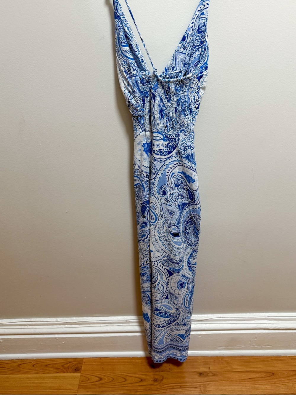Zara blue white greek‎ tile print paisley coastal linen maxi dress euro summer S - Picture 3 of 10